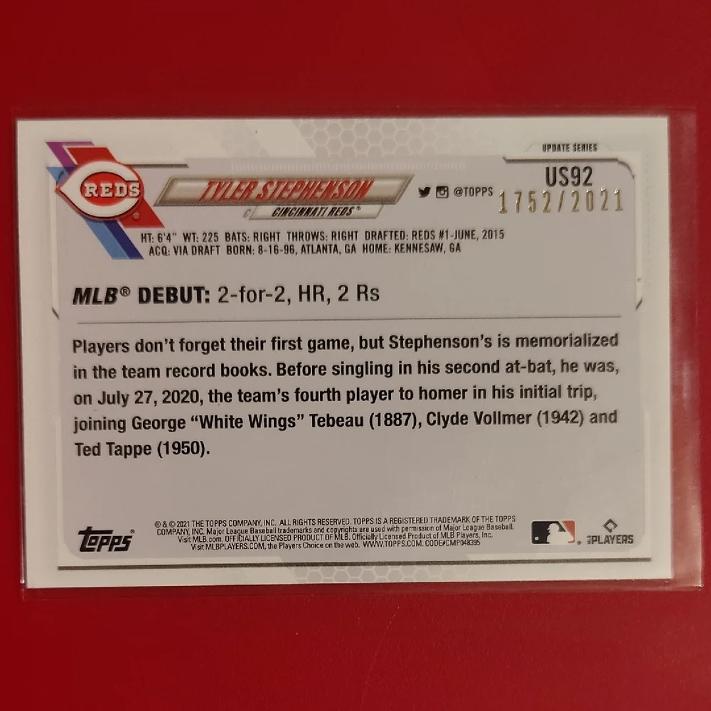Tyler Stephenson 2021 Topps Update Rookie Debut #US92 Bronze SP 1752/2021 - Picture 2 of 2